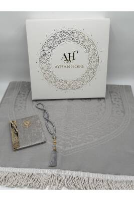 3 Parça Özel Kutulu Dokuma Burgu Saçaklı Seccade Takımı (Gri) - 4