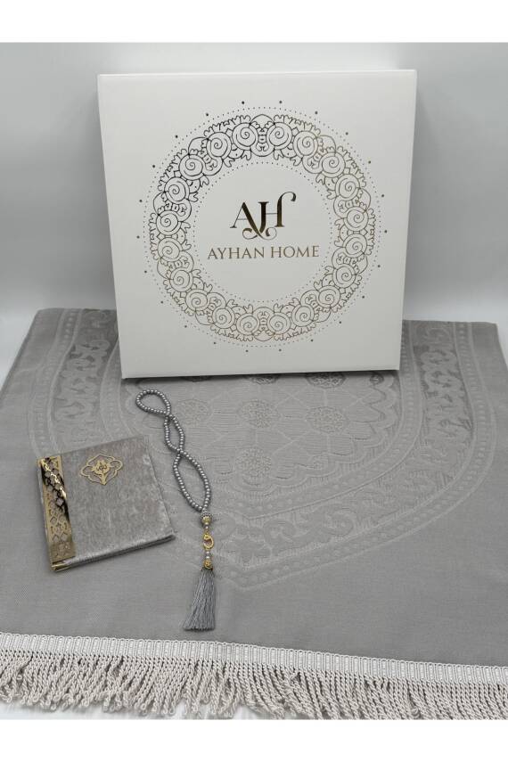 3 Parça Özel Kutulu Dokuma Burgu Saçaklı Seccade Takımı (Gri) - 4