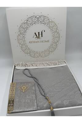 3 Parça Özel Kutulu Dokuma Burgu Saçaklı Seccade Takımı (Gri) - 5