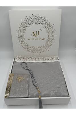 3 Parça Özel Kutulu Dokuma Burgu Saçaklı Seccade Takımı (Gri) - 6