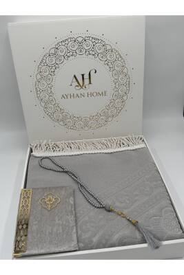 3 Parça Özel Kutulu Dokuma Burgu Saçaklı Seccade Takımı (Gri) - 7