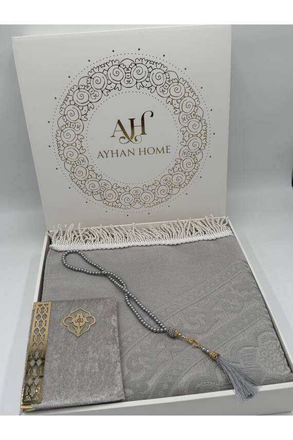 3 Parça Özel Kutulu Dokuma Burgu Saçaklı Seccade Takımı (Gri) - 7