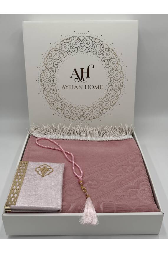 3 Parça Özel Kutulu Dokuma Burgu Saçaklı Seccade Takımı (Pudra) - 1