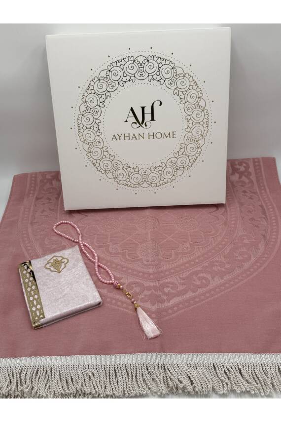 3 Parça Özel Kutulu Dokuma Burgu Saçaklı Seccade Takımı (Pudra) - 2