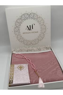 3 Parça Özel Kutulu Dokuma Burgu Saçaklı Seccade Takımı (Pudra) - 3