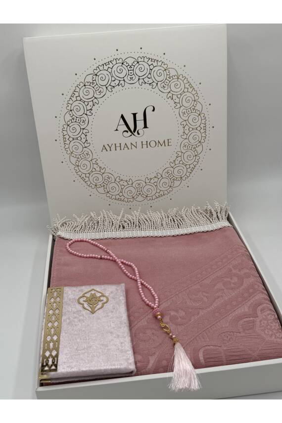 3 Parça Özel Kutulu Dokuma Burgu Saçaklı Seccade Takımı (Pudra) - 3