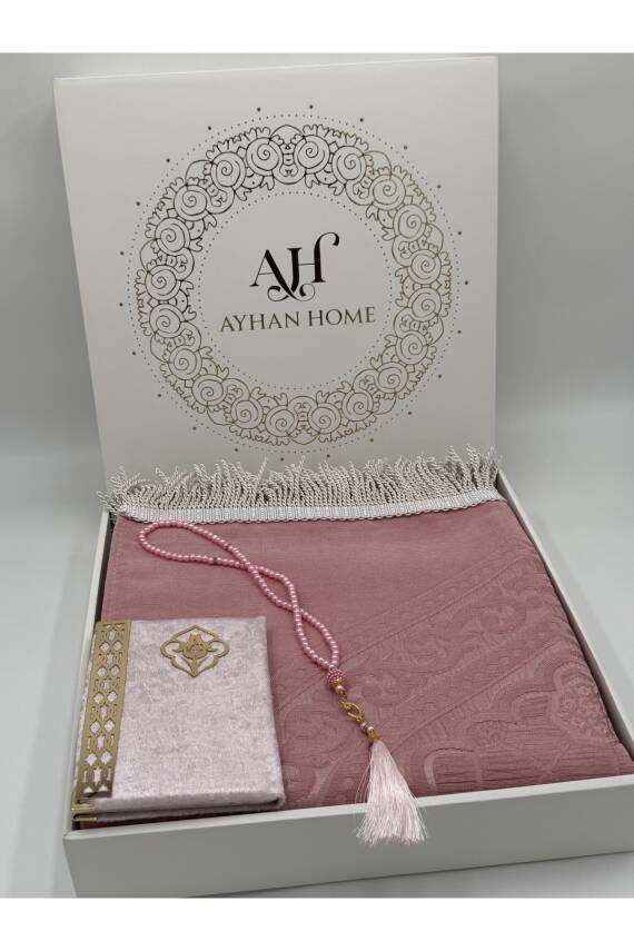 3 Parça Özel Kutulu Dokuma Burgu Saçaklı Seccade Takımı (Pudra) - 4