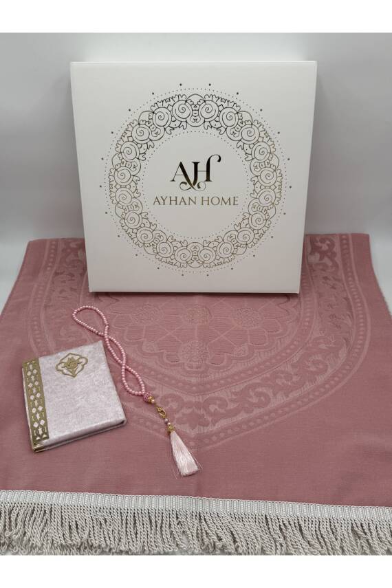 3 Parça Özel Kutulu Dokuma Burgu Saçaklı Seccade Takımı (Pudra) - 5