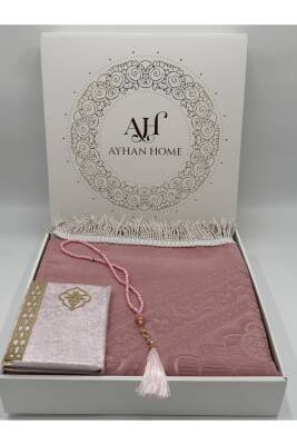 3 Parça Özel Kutulu Dokuma Burgu Saçaklı Seccade Takımı (Pudra) - 6
