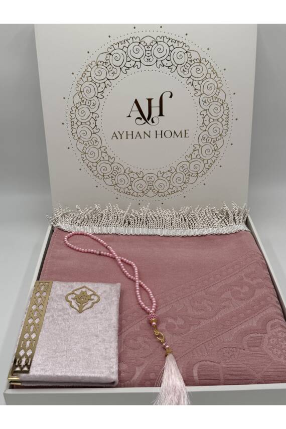 3 Parça Özel Kutulu Dokuma Burgu Saçaklı Seccade Takımı (Pudra) - 7