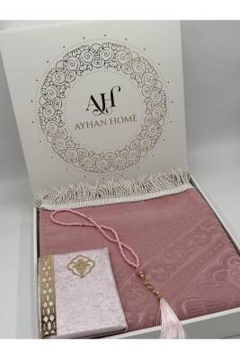 3 Parça Özel Kutulu Dokuma Burgu Saçaklı Seccade Takımı (Pudra) - 8