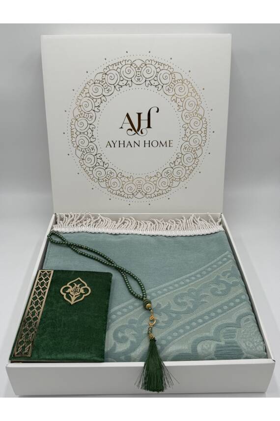 3 Parça Özel Kutulu Dokuma Burgu Saçaklı Seccade Takımı (Mint Yeşili) - 1