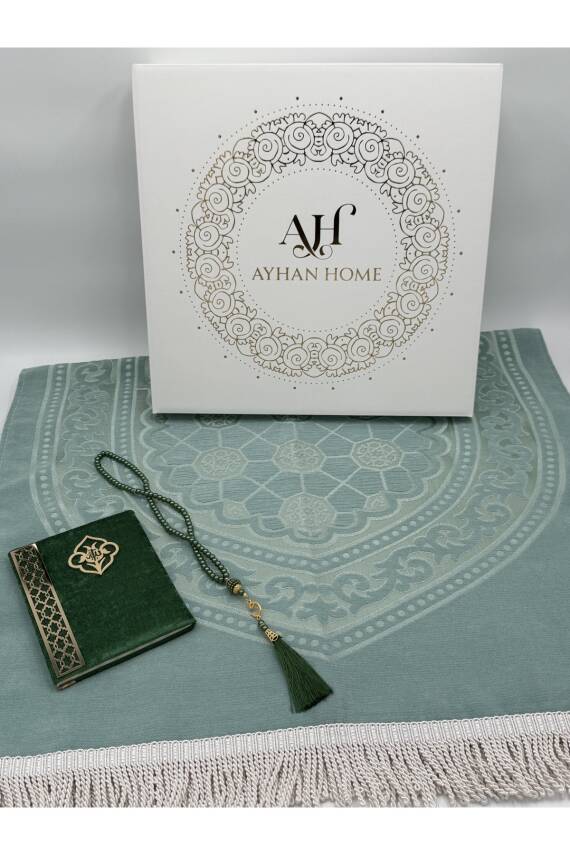 3 Parça Özel Kutulu Dokuma Burgu Saçaklı Seccade Takımı (Mint Yeşili) - 2