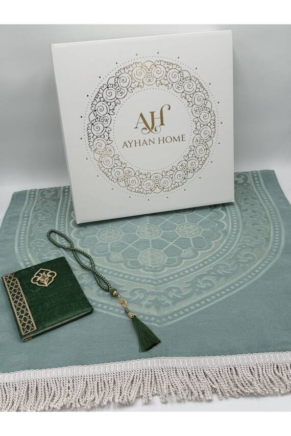 3 Parça Özel Kutulu Dokuma Burgu Saçaklı Seccade Takımı (Mint Yeşili) - 4