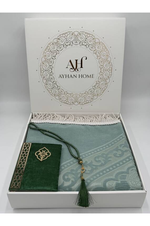 3 Parça Özel Kutulu Dokuma Burgu Saçaklı Seccade Takımı (Mint Yeşili) - 5