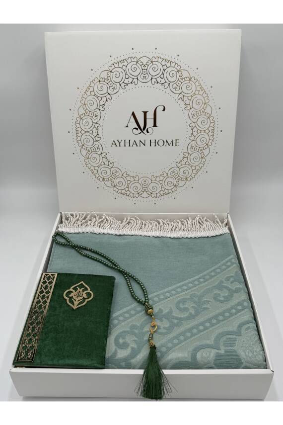 3 Parça Özel Kutulu Dokuma Burgu Saçaklı Seccade Takımı (Mint Yeşili) - 6