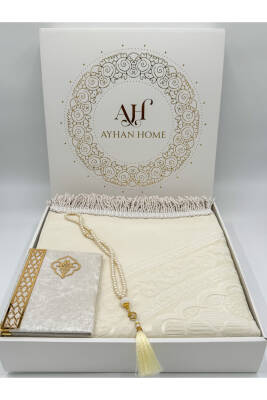 3 Parça Özel Kutulu Dokuma Burgu Saçaklı Seccade Takımı (Ekru) 