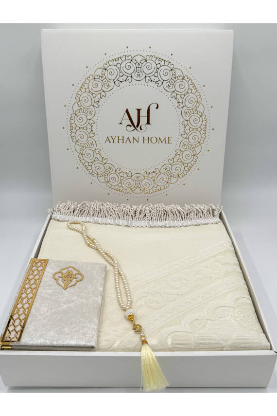 3 Parça Özel Kutulu Dokuma Burgu Saçaklı Seccade Takımı (Ekru) - 1