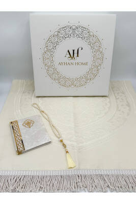 3 Parça Özel Kutulu Dokuma Burgu Saçaklı Seccade Takımı (Ekru) - 2