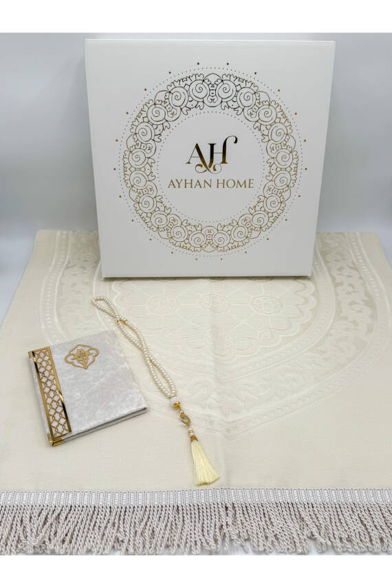 3 Parça Özel Kutulu Dokuma Burgu Saçaklı Seccade Takımı (Ekru) - 2