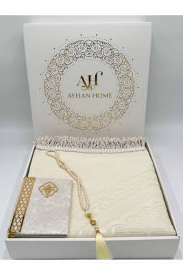 3 Parça Özel Kutulu Dokuma Burgu Saçaklı Seccade Takımı (Ekru) - 3