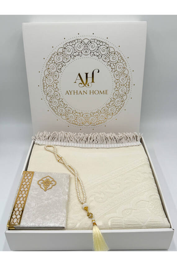 3 Parça Özel Kutulu Dokuma Burgu Saçaklı Seccade Takımı (Ekru) - 3