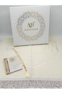 3 Parça Özel Kutulu Dokuma Burgu Saçaklı Seccade Takımı (Ekru) - 4