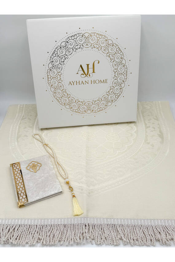 3 Parça Özel Kutulu Dokuma Burgu Saçaklı Seccade Takımı (Ekru) - 4