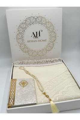 3 Parça Özel Kutulu Dokuma Burgu Saçaklı Seccade Takımı (Ekru) - 5