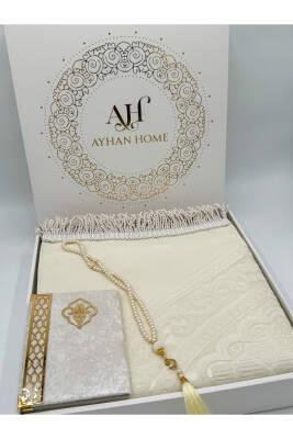 3 Parça Özel Kutulu Dokuma Burgu Saçaklı Seccade Takımı (Ekru) - 6