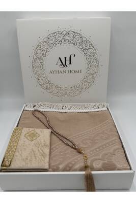 3 Parça Özel Kutulu Dokuma Burgu Saçaklı Seccade Takımı (Bej)