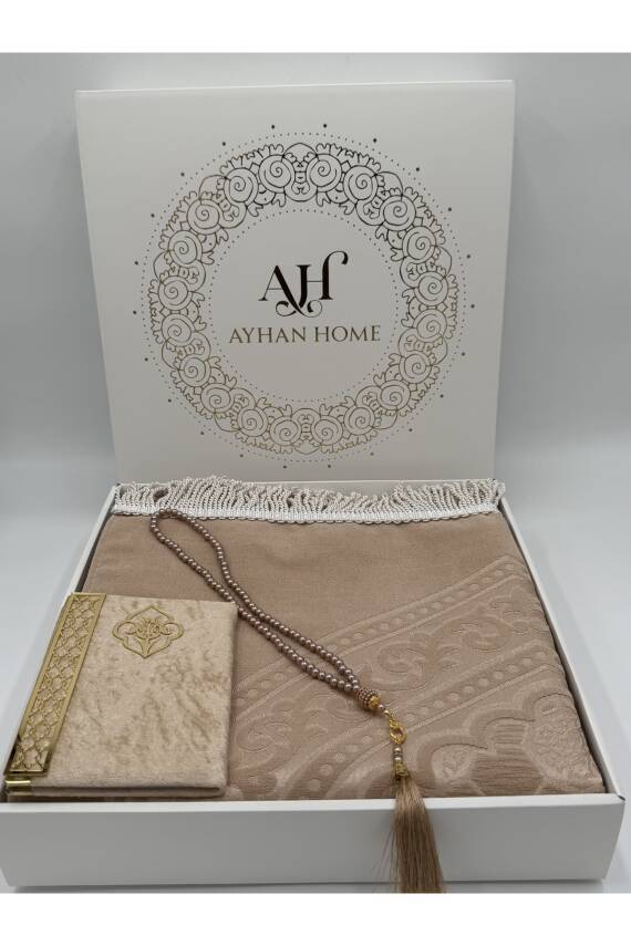 3 Parça Özel Kutulu Dokuma Burgu Saçaklı Seccade Takımı (Bej) - 1