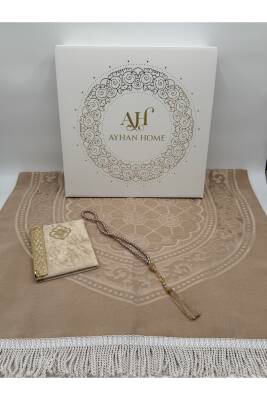 3 Parça Özel Kutulu Dokuma Burgu Saçaklı Seccade Takımı (Bej) - 2