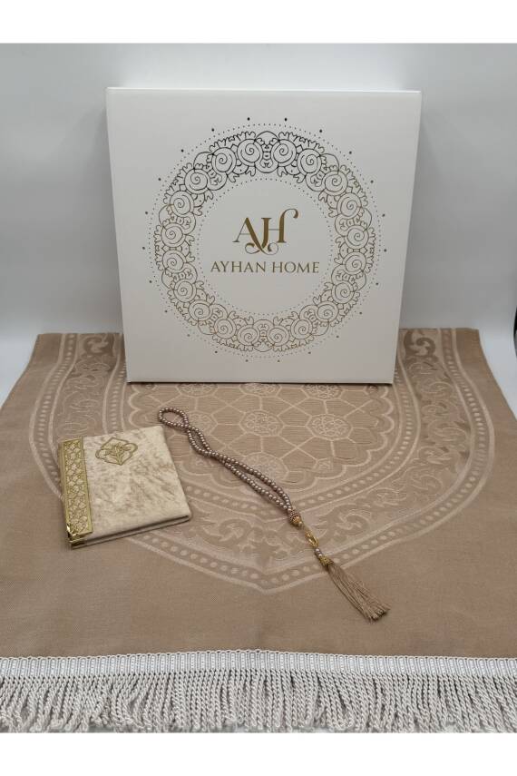 3 Parça Özel Kutulu Dokuma Burgu Saçaklı Seccade Takımı (Bej) - 2