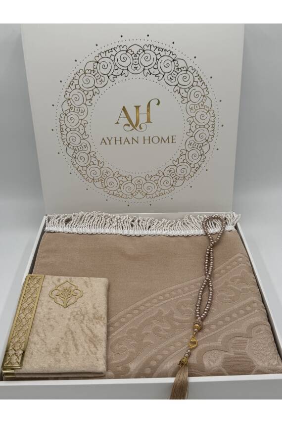 3 Parça Özel Kutulu Dokuma Burgu Saçaklı Seccade Takımı (Bej) - 3