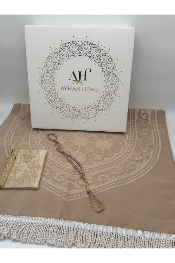 3 Parça Özel Kutulu Dokuma Burgu Saçaklı Seccade Takımı (Bej) - 4