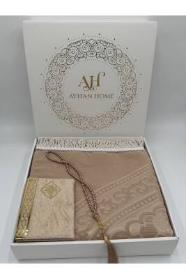 3 Parça Özel Kutulu Dokuma Burgu Saçaklı Seccade Takımı (Bej) - 5