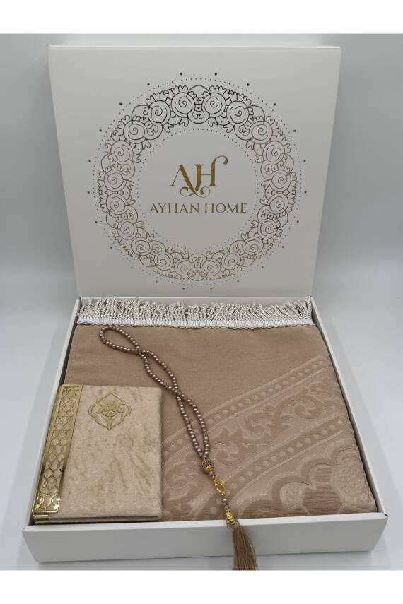 3 Parça Özel Kutulu Dokuma Burgu Saçaklı Seccade Takımı (Bej) - 5