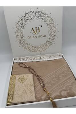 3 Parça Özel Kutulu Dokuma Burgu Saçaklı Seccade Takımı (Bej) - 6