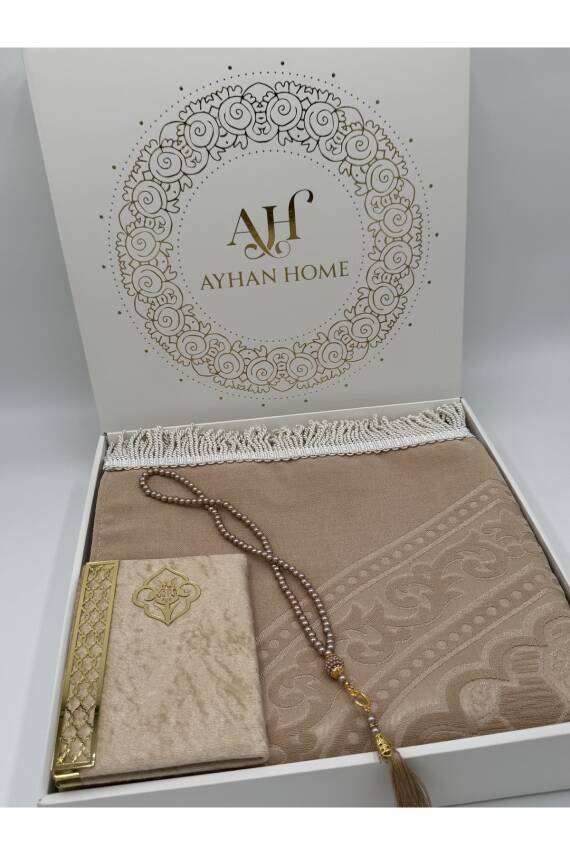 3 Parça Özel Kutulu Dokuma Burgu Saçaklı Seccade Takımı (Bej) - 6