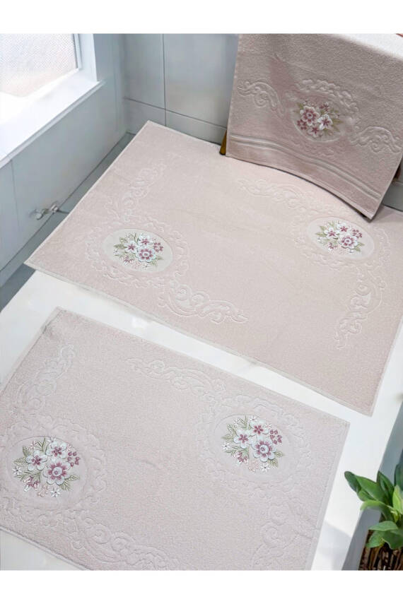 3d Nakış İşlemeli 3'lü Paspas Takımı (Pembe) - 1