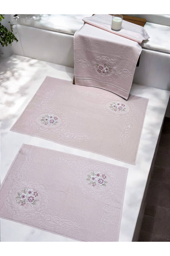 3d Nakış İşlemeli 3'lü Paspas Takımı (Pembe) - 2