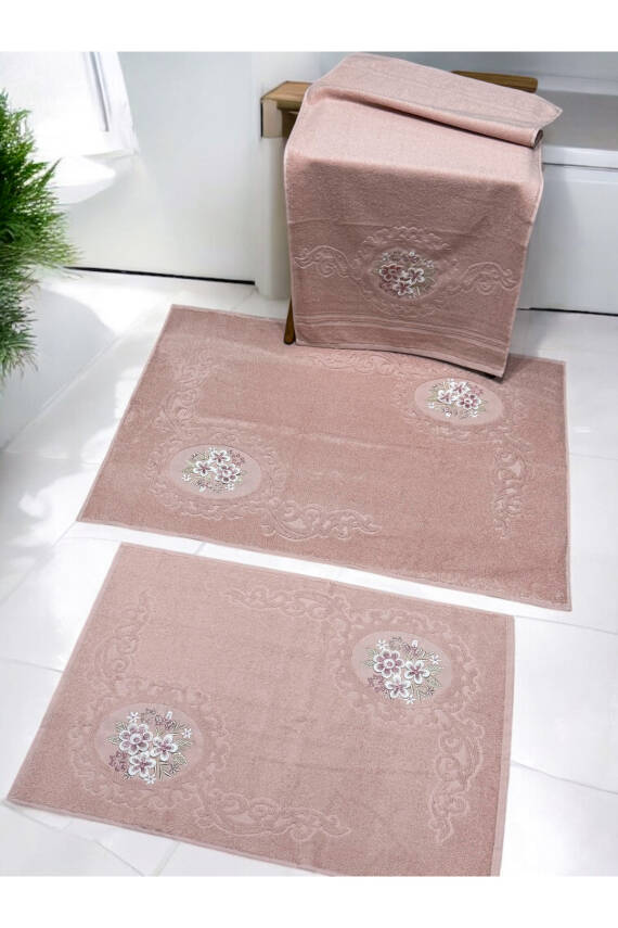 3d Nakış İşlemeli 3'lü Paspas Takımı (Pudra) - 2