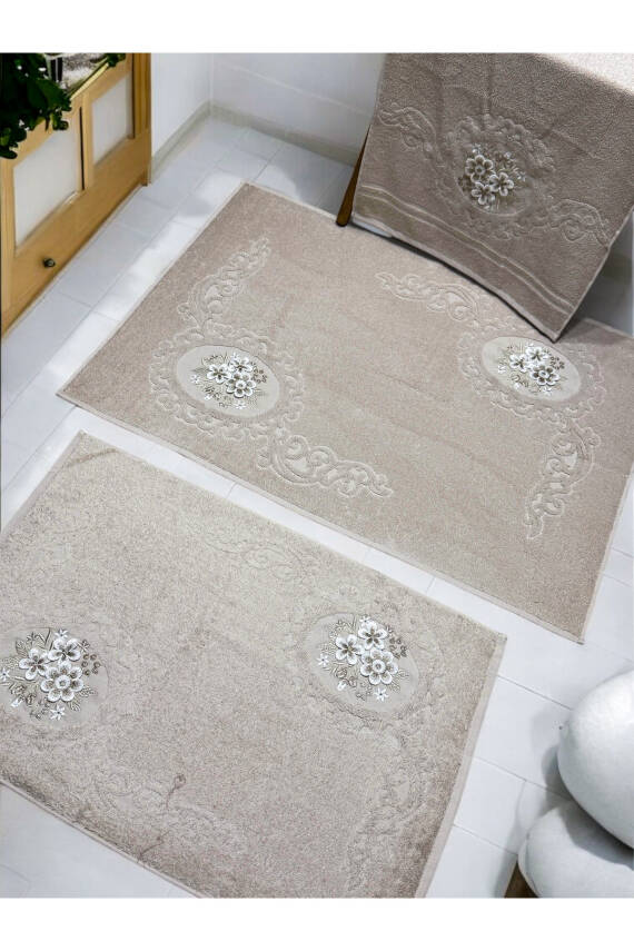 3d Nakış İşlemeli 3'lü Paspas Takımı (Bej) - 1