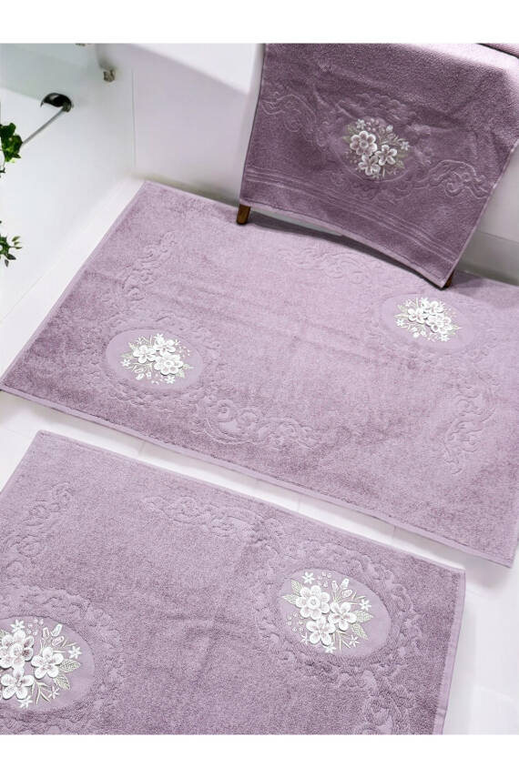 3d Nakış İşlemeli 3'lü Paspas Takımı (Gül Kurusu) - 2