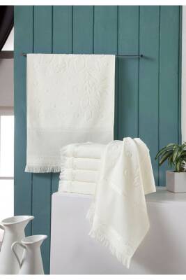 50 X 90 Etamın Bordurlu Kadıfe Jakarlı Sacaklı 12'lı Havlu - Krem