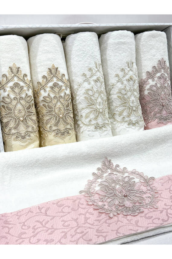 50x90 Güpür Inci Işlemeli Kutulu 6 Adet El Ve Yüz Havlu Seti (ASORTİ) - 1