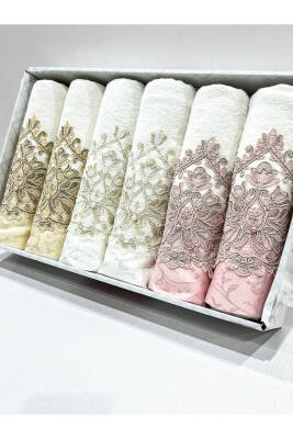 50x90 Güpür Inci Işlemeli Kutulu 6 Adet El Ve Yüz Havlu Seti (ASORTİ) - 2