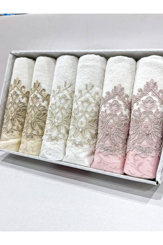 50x90 Güpür Inci Işlemeli Kutulu 6 Adet El Ve Yüz Havlu Seti (ASORTİ) - 3