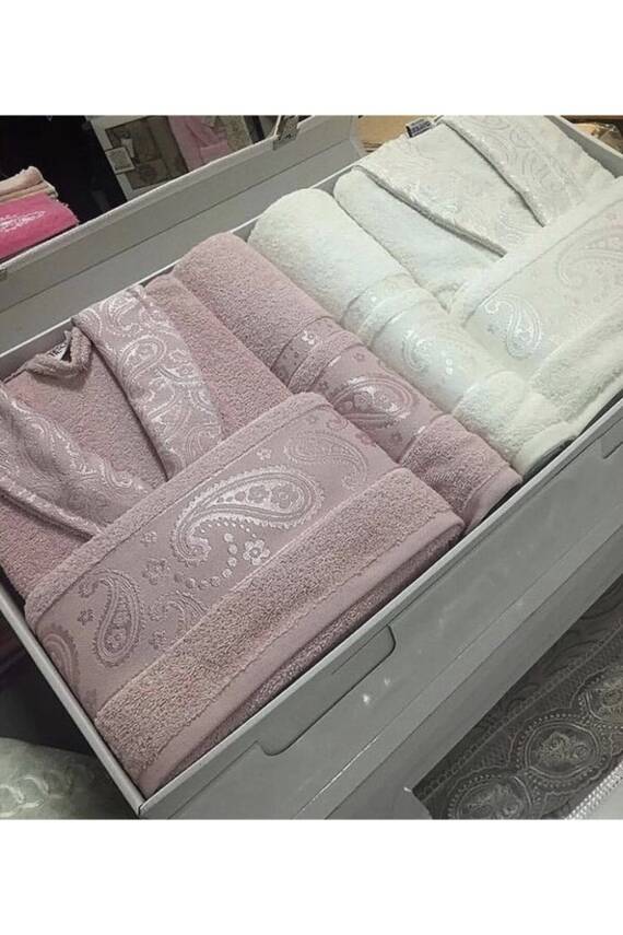 537 Jakarlı 6 Parça Çeyizlik Kutulu Bornoz Seti (PUDRA*KREM) - 1